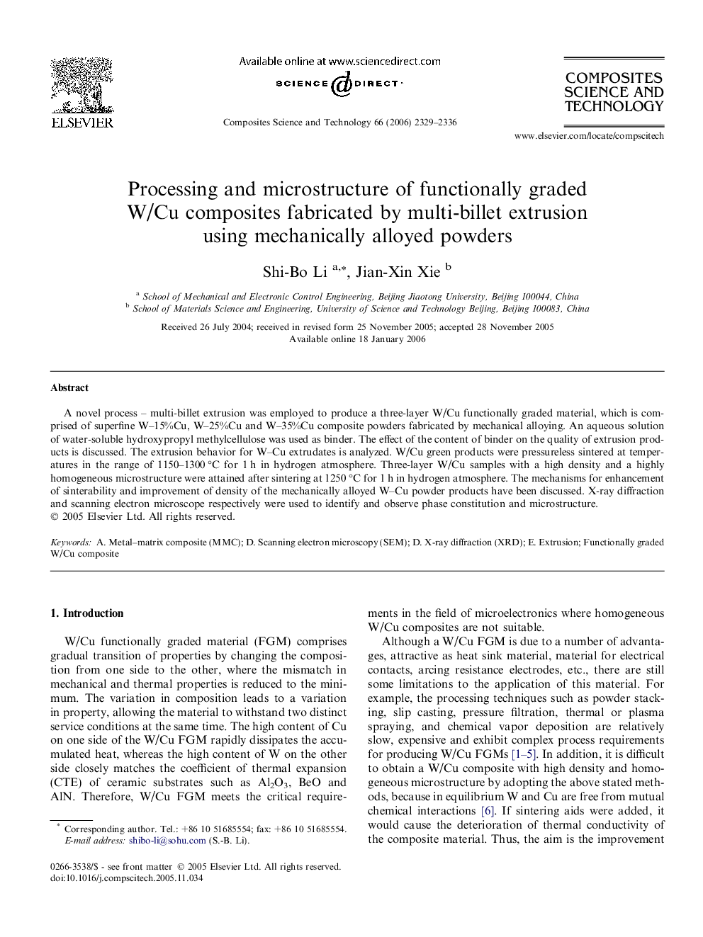 Processing and microstructure of functionally graded W/Cu composites fabricated by multi-billet extrusion using mechanically alloyed powders