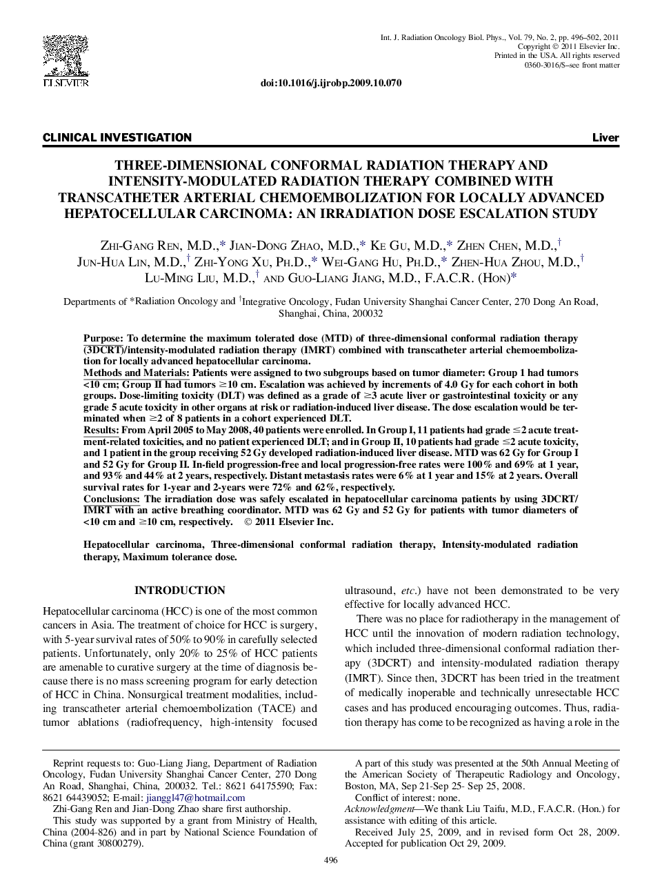 Three-Dimensional Conformal Radiation Therapy and Intensity-Modulated Radiation Therapy Combined With Transcatheter Arterial Chemoembolization for Locally Advanced Hepatocellular Carcinoma: An Irradiation Dose Escalation Study