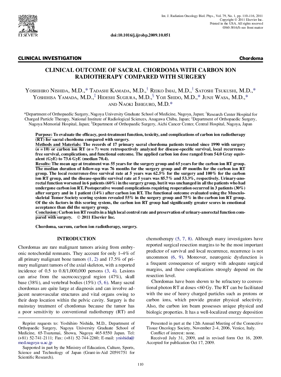 Clinical Outcome of Sacral Chordoma With Carbon Ion Radiotherapy Compared With Surgery