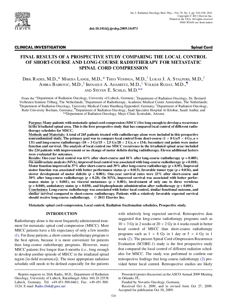 Final Results of a Prospective Study Comparing the Local Control of Short-Course and Long-Course Radiotherapy for Metastatic Spinal Cord Compression