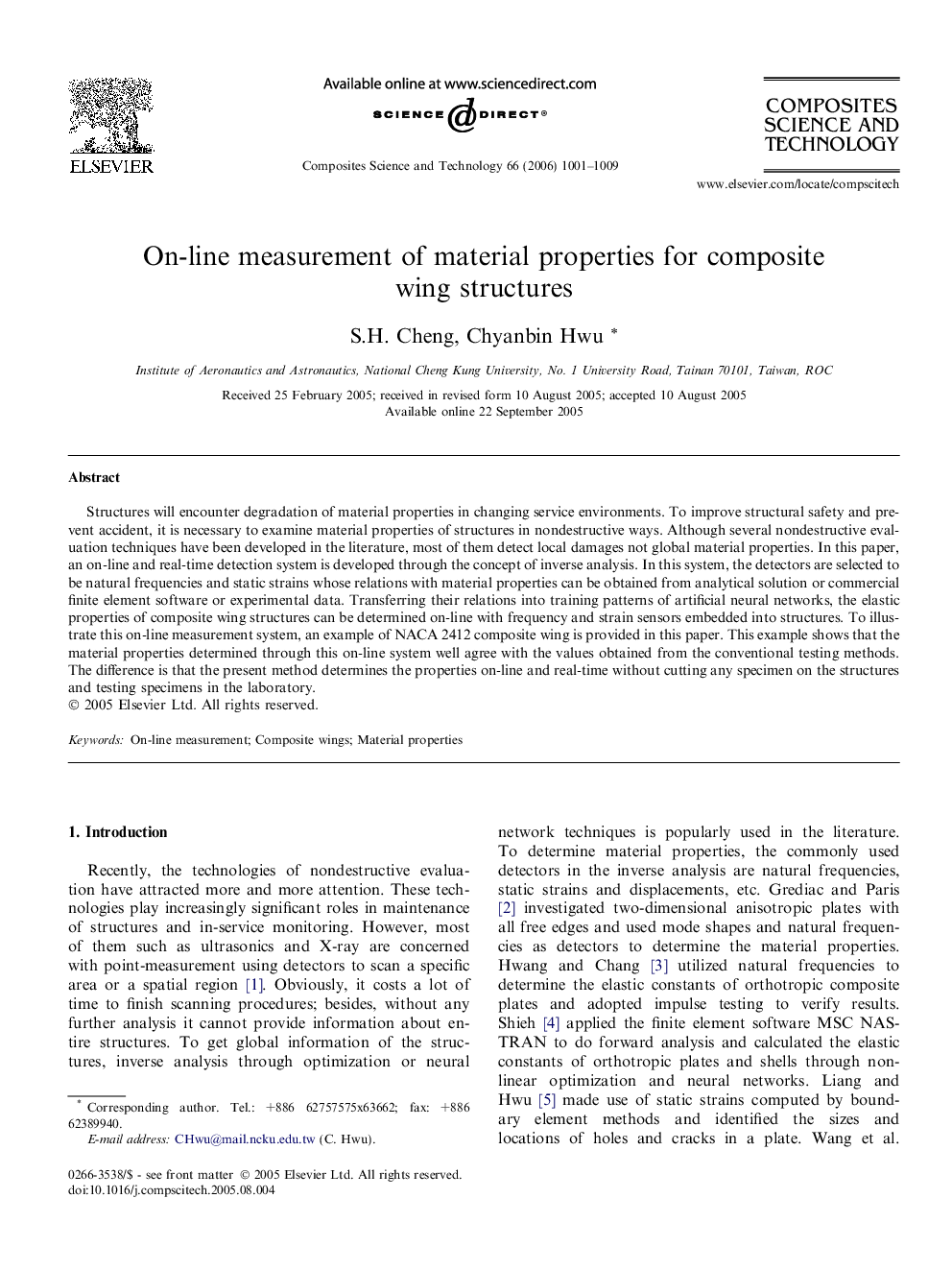 On-line measurement of material properties for composite wing structures