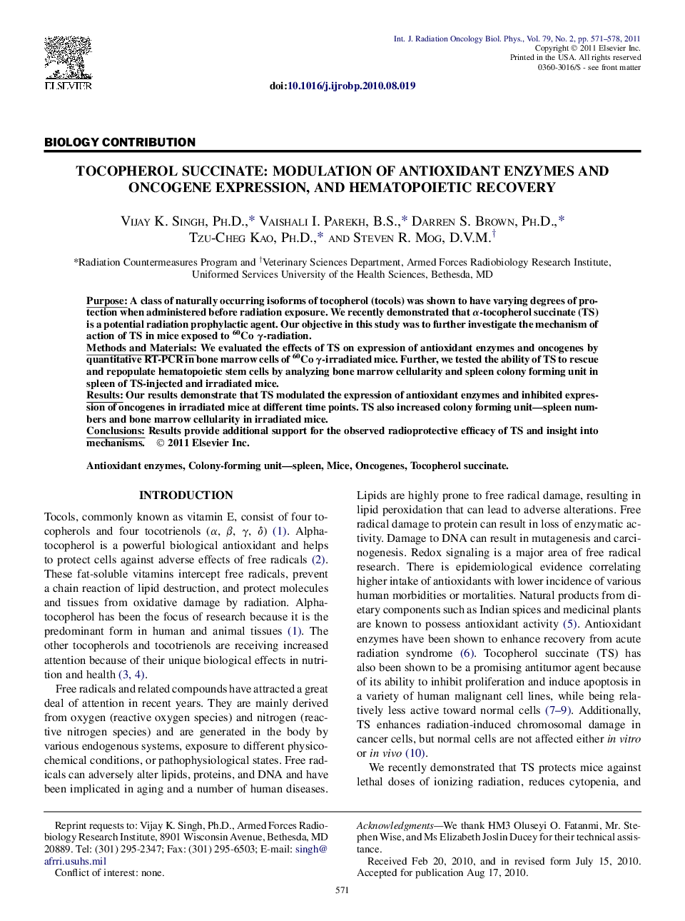 Tocopherol Succinate: Modulation of Antioxidant Enzymes and Oncogene Expression, and Hematopoietic Recovery