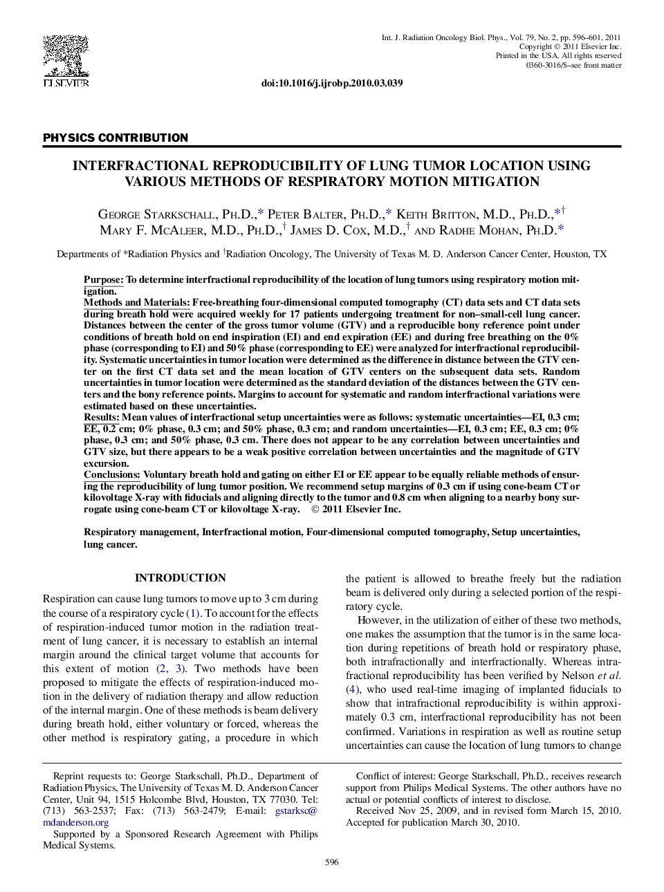 Interfractional Reproducibility of Lung Tumor Location Using Various Methods of Respiratory Motion Mitigation