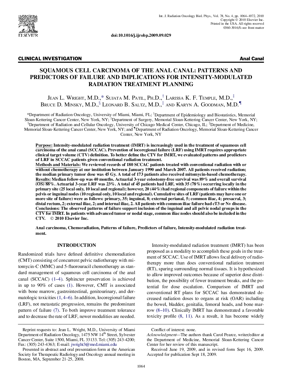 Squamous Cell Carcinoma of the Anal Canal: Patterns and Predictors of Failure and Implications for Intensity-Modulated Radiation Treatment Planning