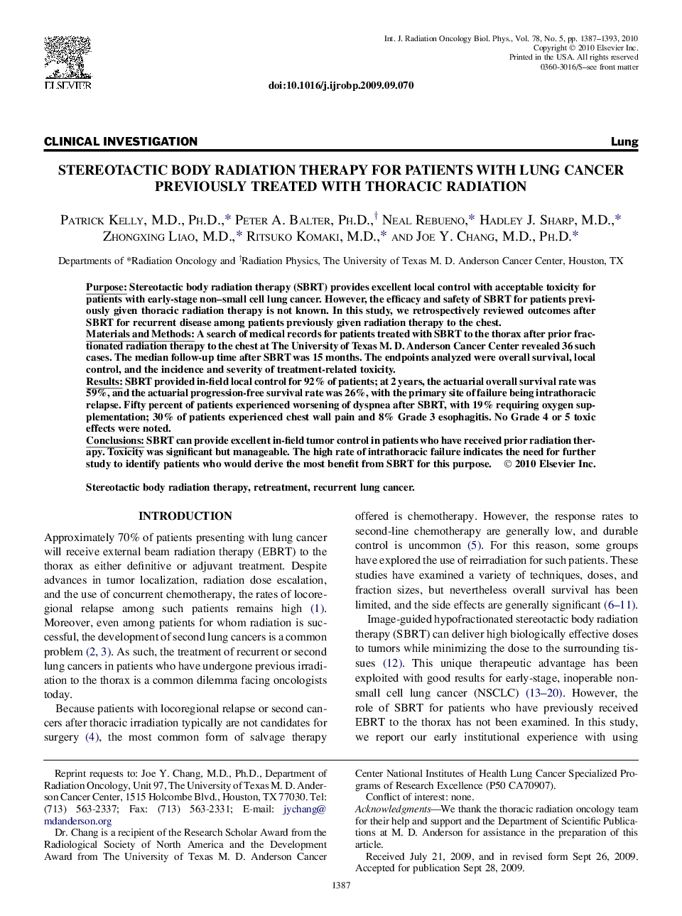 Stereotactic Body Radiation Therapy for Patients With Lung Cancer Previously Treated With Thoracic Radiation