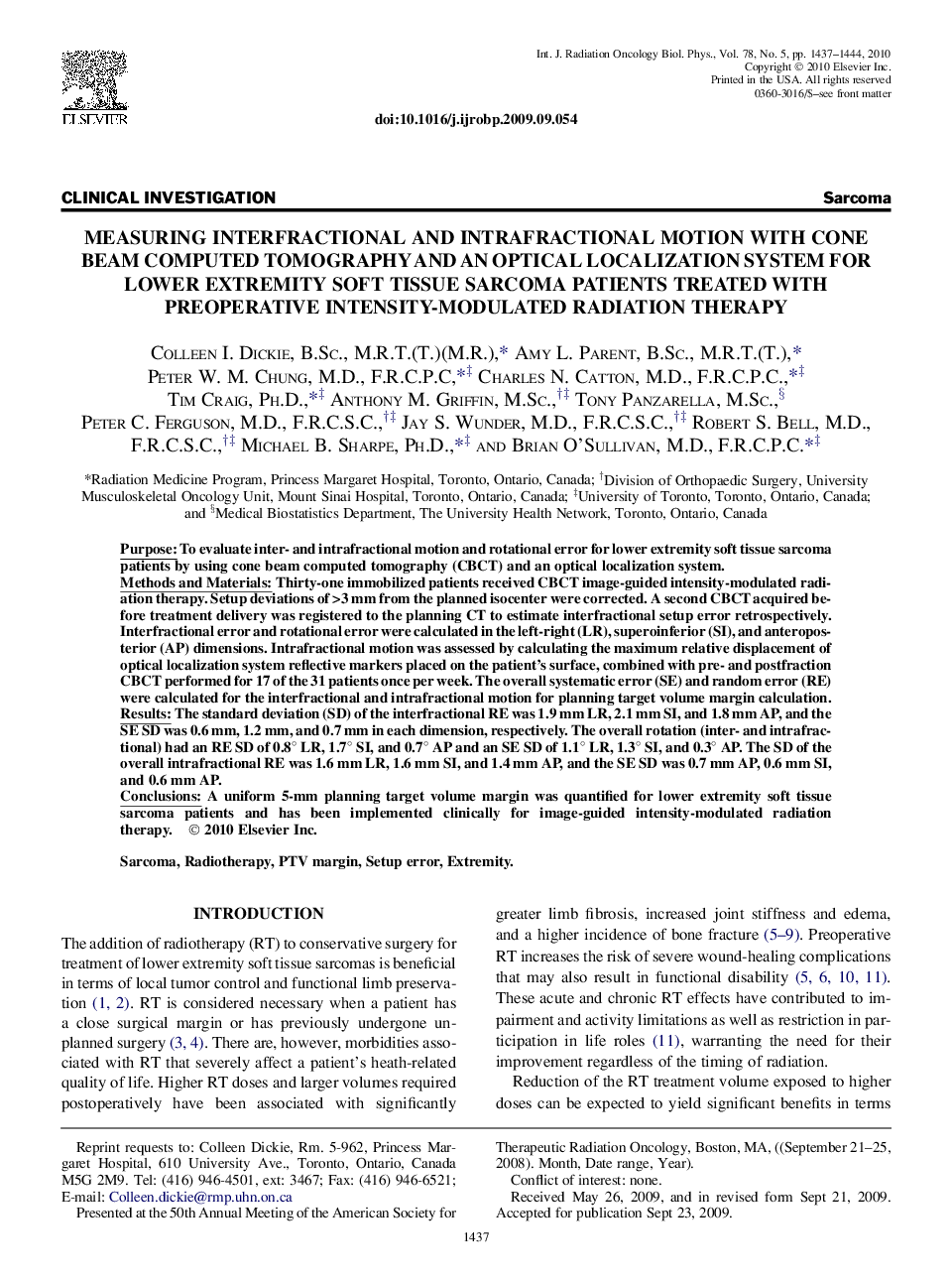 Measuring Interfractional and Intrafractional Motion With Cone Beam Computed Tomography and an Optical Localization System for Lower Extremity Soft Tissue Sarcoma Patients Treated With Preoperative Intensity-Modulated Radiation Therapy