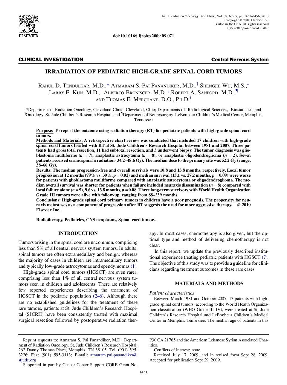 Irradiation of Pediatric High-Grade Spinal Cord Tumors