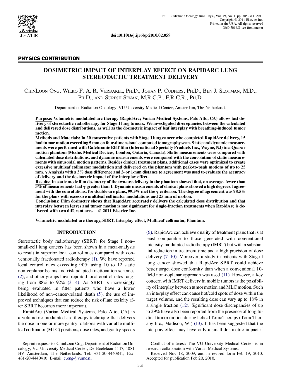 Dosimetric Impact of Interplay Effect on RapidArc Lung Stereotactic Treatment Delivery