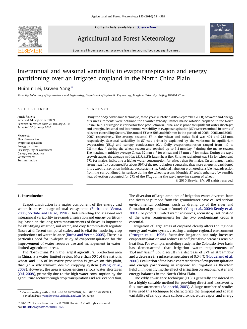 Interannual and seasonal variability in evapotranspiration and energy partitioning over an irrigated cropland in the North China Plain