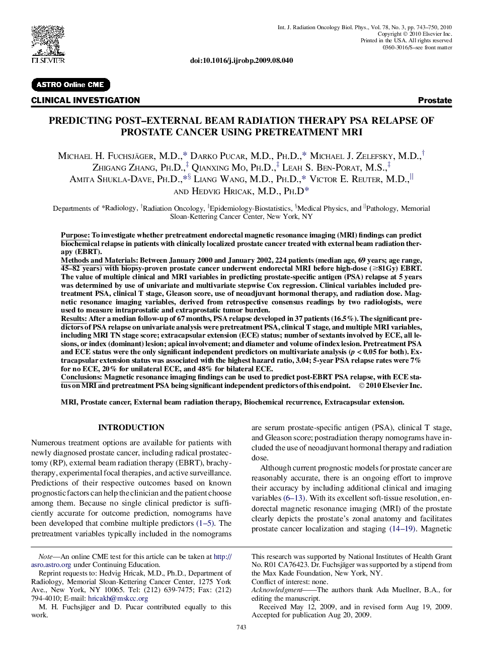 Predicting Post-External Beam Radiation Therapy PSA Relapse of Prostate Cancer Using Pretreatment MRI