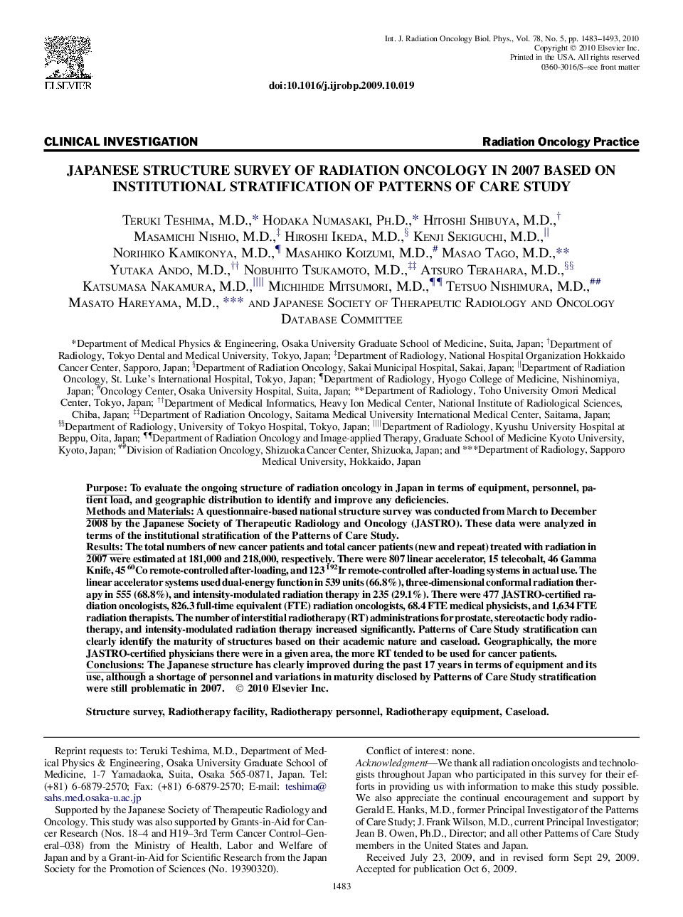 Japanese Structure Survey of Radiation Oncology in 2007 Based on Institutional Stratification of Patterns of Care Study