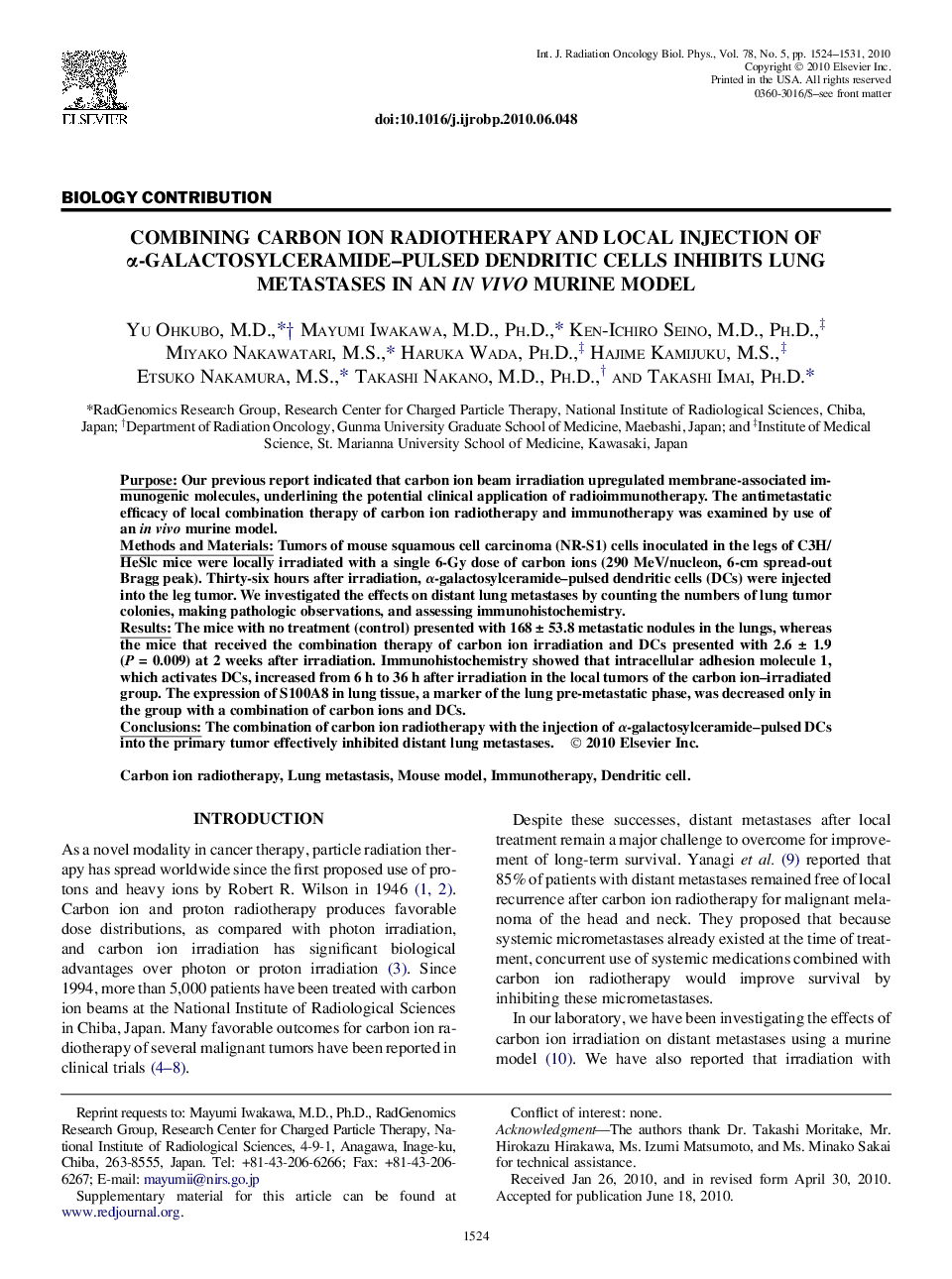 Combining Carbon Ion Radiotherapy and Local Injection of Î±-Galactosylceramide-Pulsed Dendritic Cells Inhibits Lung Metastases in an In Vivo Murine Model