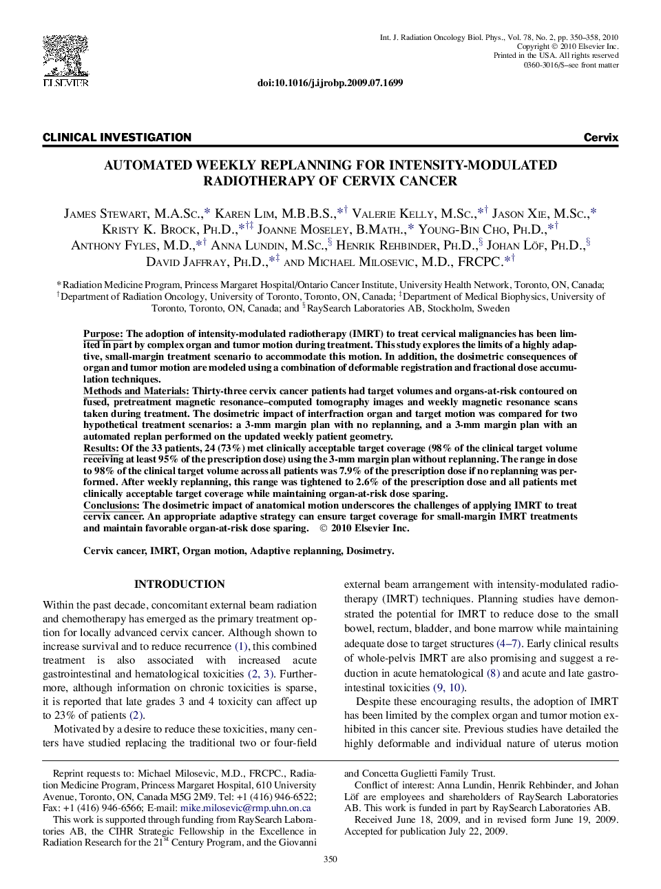 Automated Weekly Replanning for Intensity-Modulated Radiotherapy of Cervix Cancer