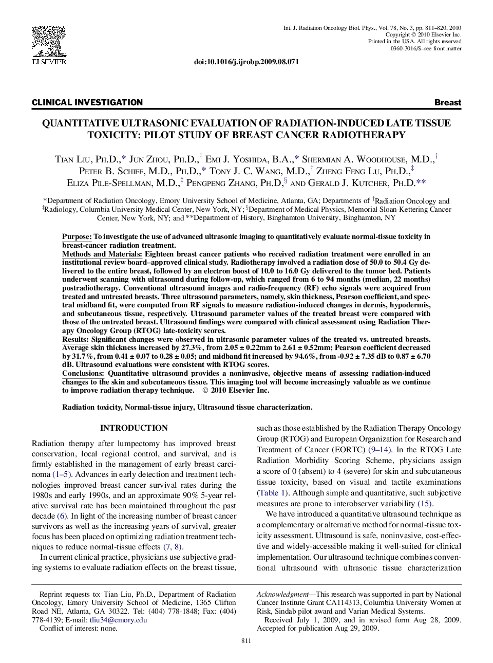 Quantitative Ultrasonic Evaluation of Radiation-Induced Late Tissue Toxicity: Pilot Study of Breast Cancer Radiotherapy