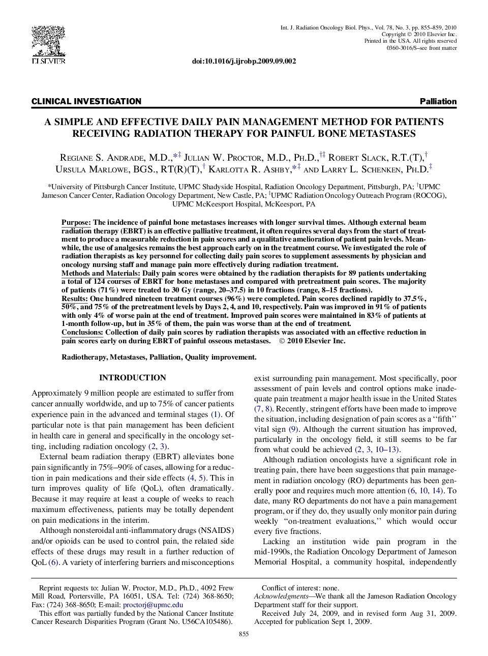 A Simple and Effective Daily Pain Management Method for Patients Receiving Radiation Therapy for Painful Bone Metastases