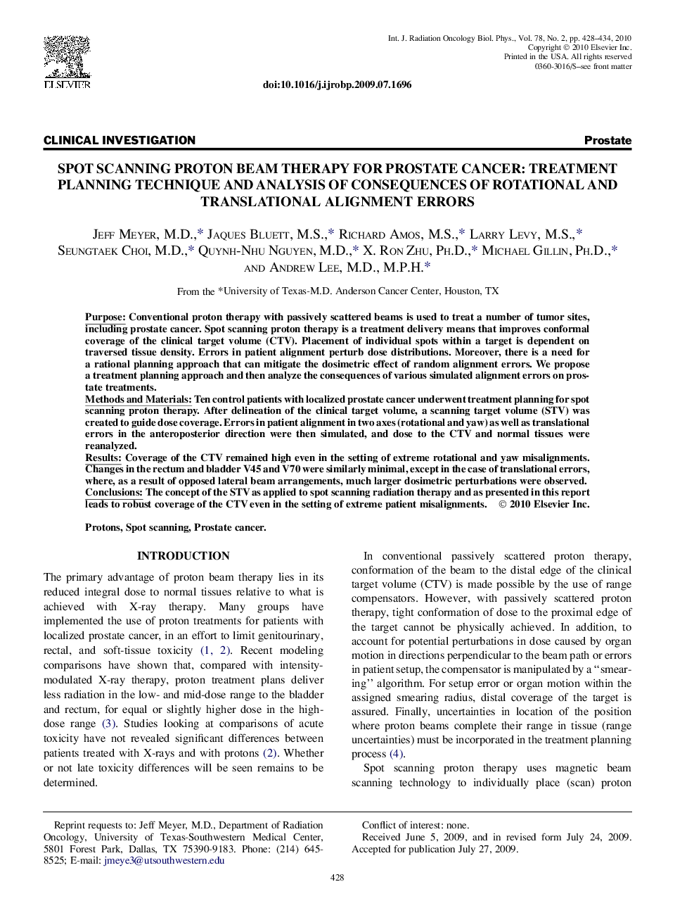 Spot Scanning Proton Beam Therapy for Prostate Cancer: Treatment Planning Technique and Analysis of Consequences of Rotational and Translational Alignment Errors