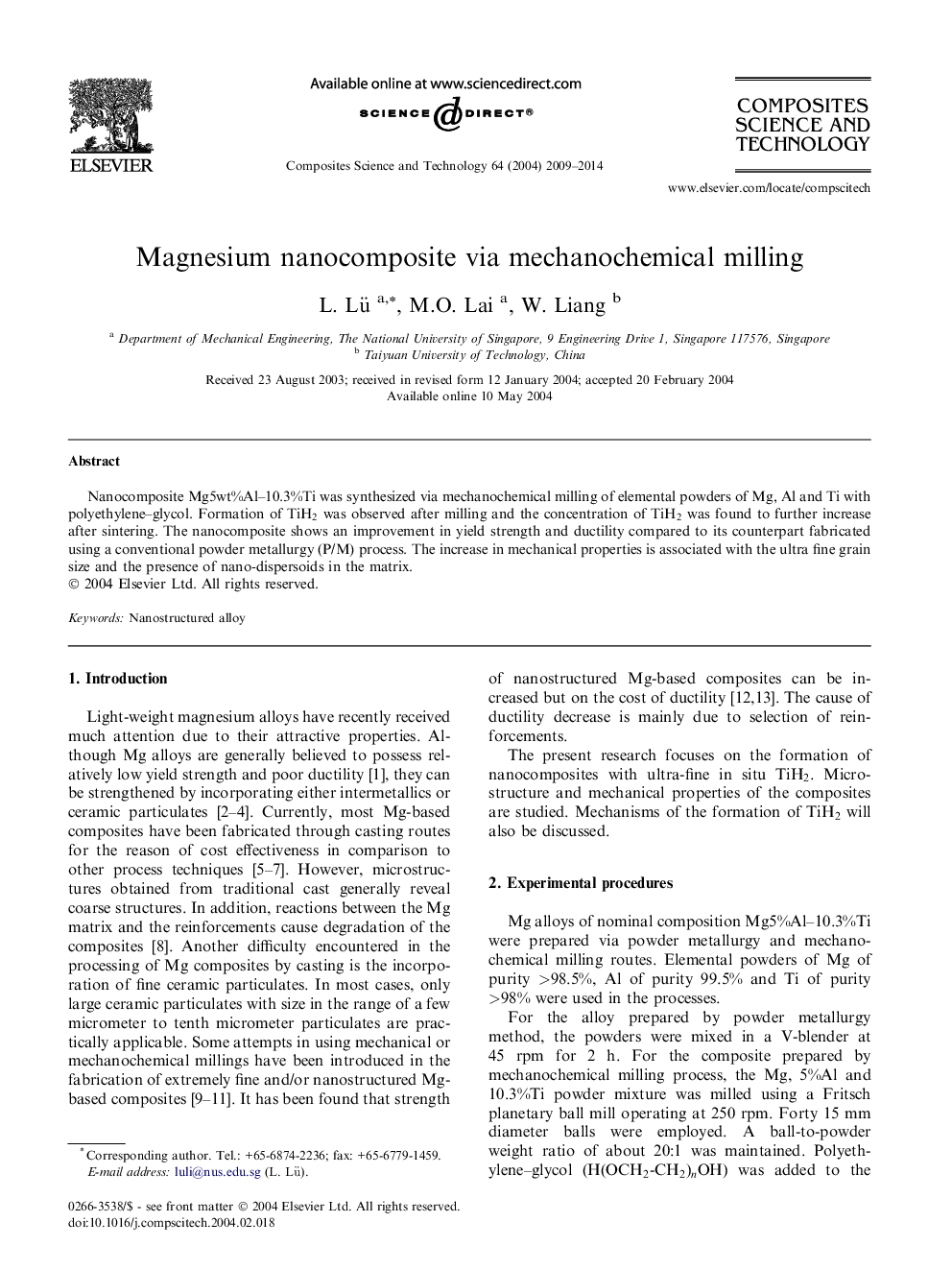 نانوکامپوزیت منیزیم از طریق آسیاب مکانیکی 