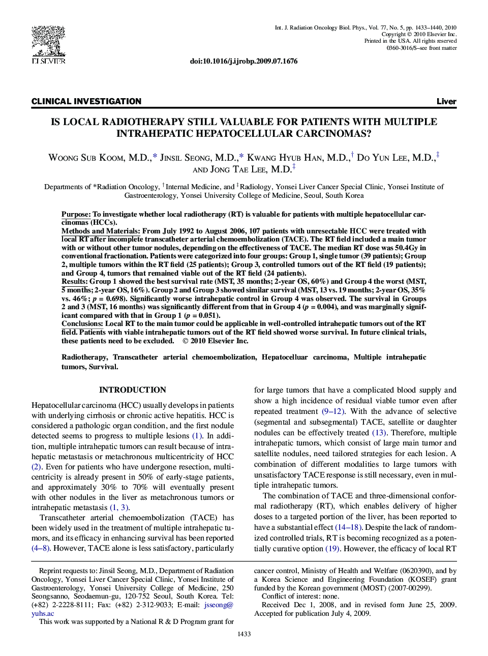 Is Local Radiotherapy Still Valuable for Patients With Multiple Intrahepatic Hepatocellular Carcinomas?