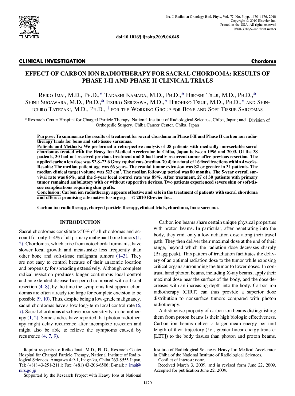 Effect of Carbon Ion Radiotherapy for Sacral Chordoma: Results of Phase I-II and Phase II Clinical Trials