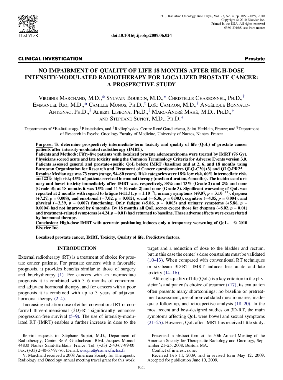 No Impairment of Quality of Life 18 Months After High-Dose Intensity-Modulated Radiotherapy for Localized Prostate Cancer: A Prospective Study