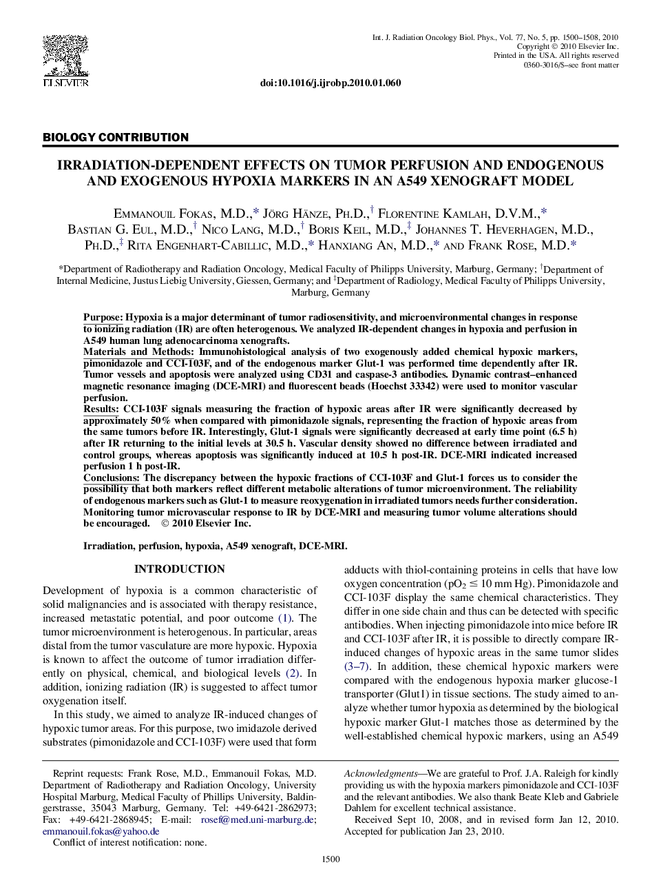 Irradiation-Dependent Effects on Tumor Perfusion and Endogenous and Exogenous Hypoxia Markers in an A549 Xenograft Model