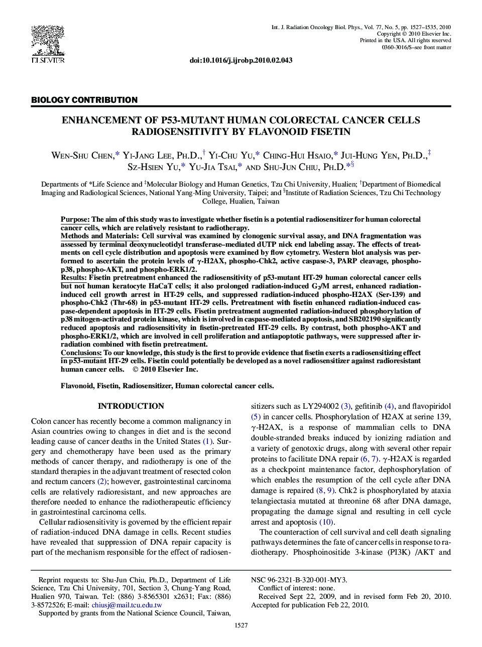 Enhancement of P53-Mutant Human Colorectal Cancer Cells Radiosensitivity by Flavonoid Fisetin