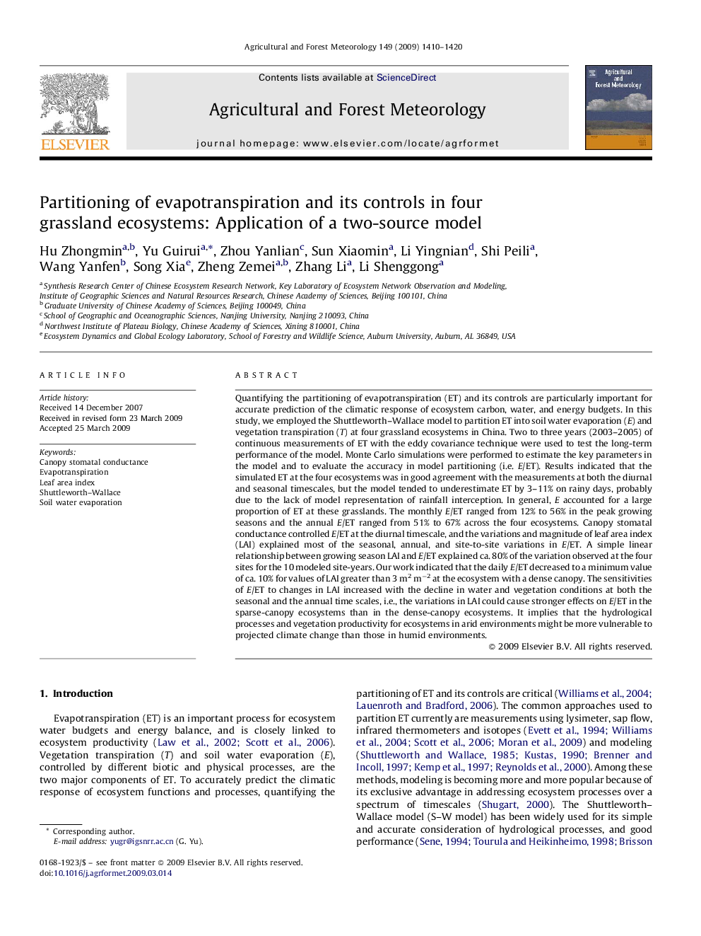 Partitioning of evapotranspiration and its controls in four grassland ecosystems: Application of a two-source model