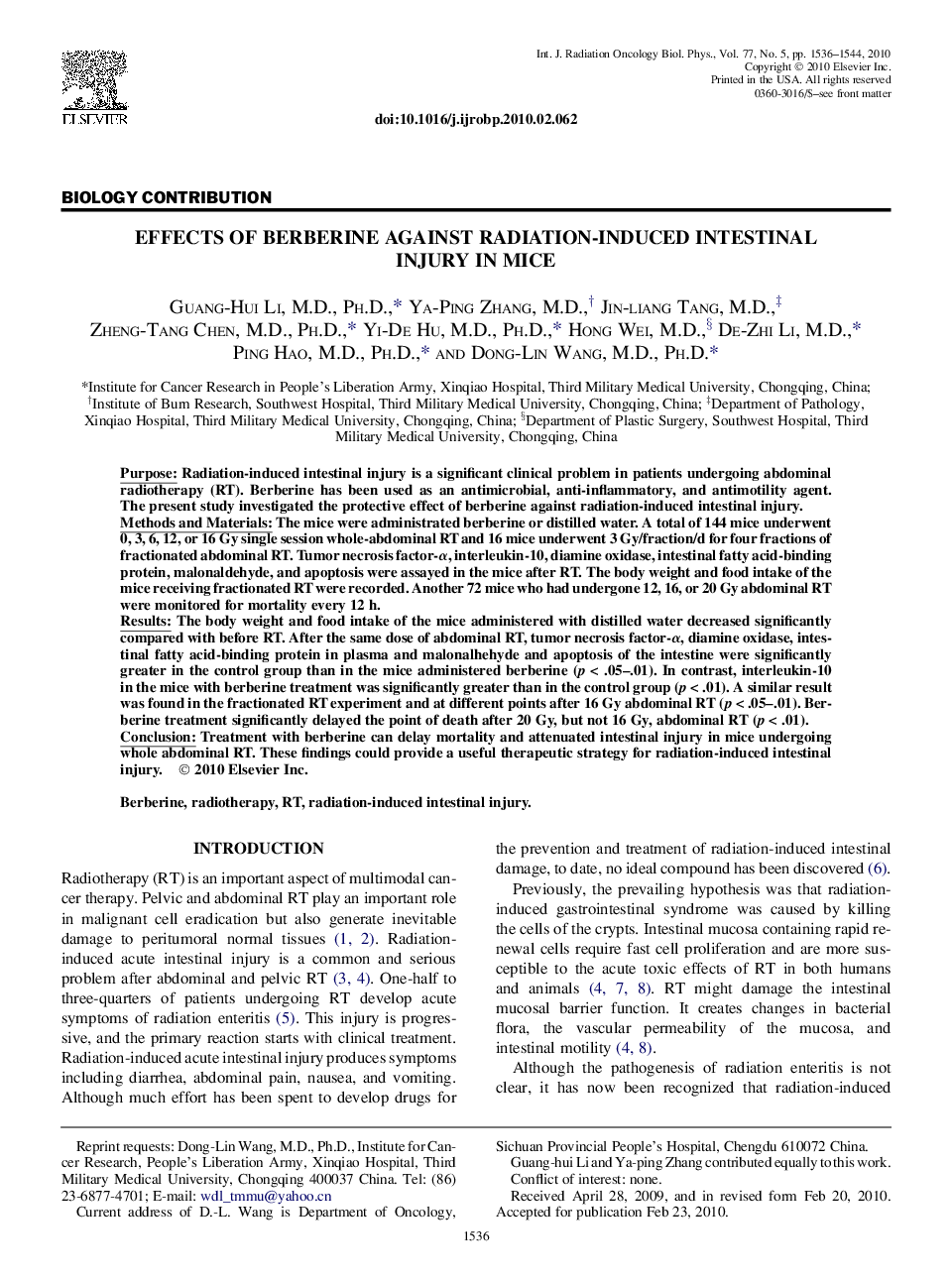 Effects of Berberine Against Radiation-Induced Intestinal Injury in Mice