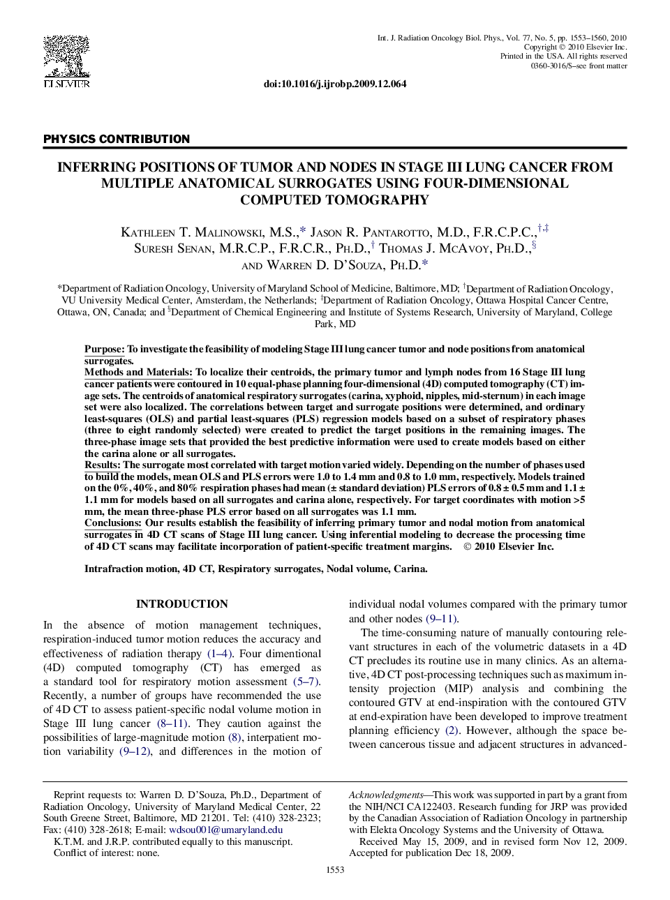 Inferring Positions of Tumor and Nodes in Stage III Lung Cancer From Multiple Anatomical Surrogates Using Four-Dimensional Computed Tomography