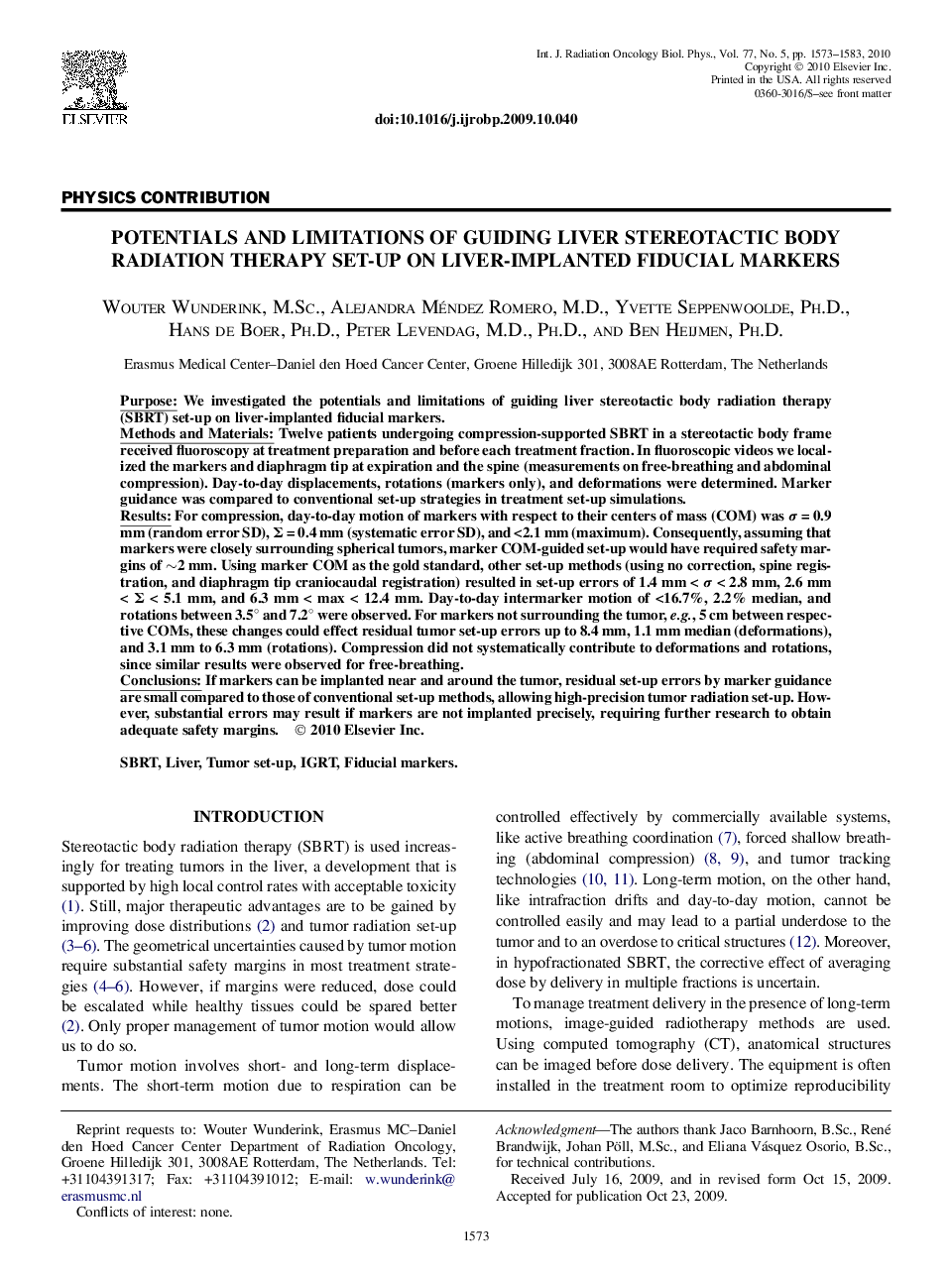 Potentials and Limitations of Guiding Liver Stereotactic Body Radiation Therapy Set-Up on Liver-Implanted Fiducial Markers