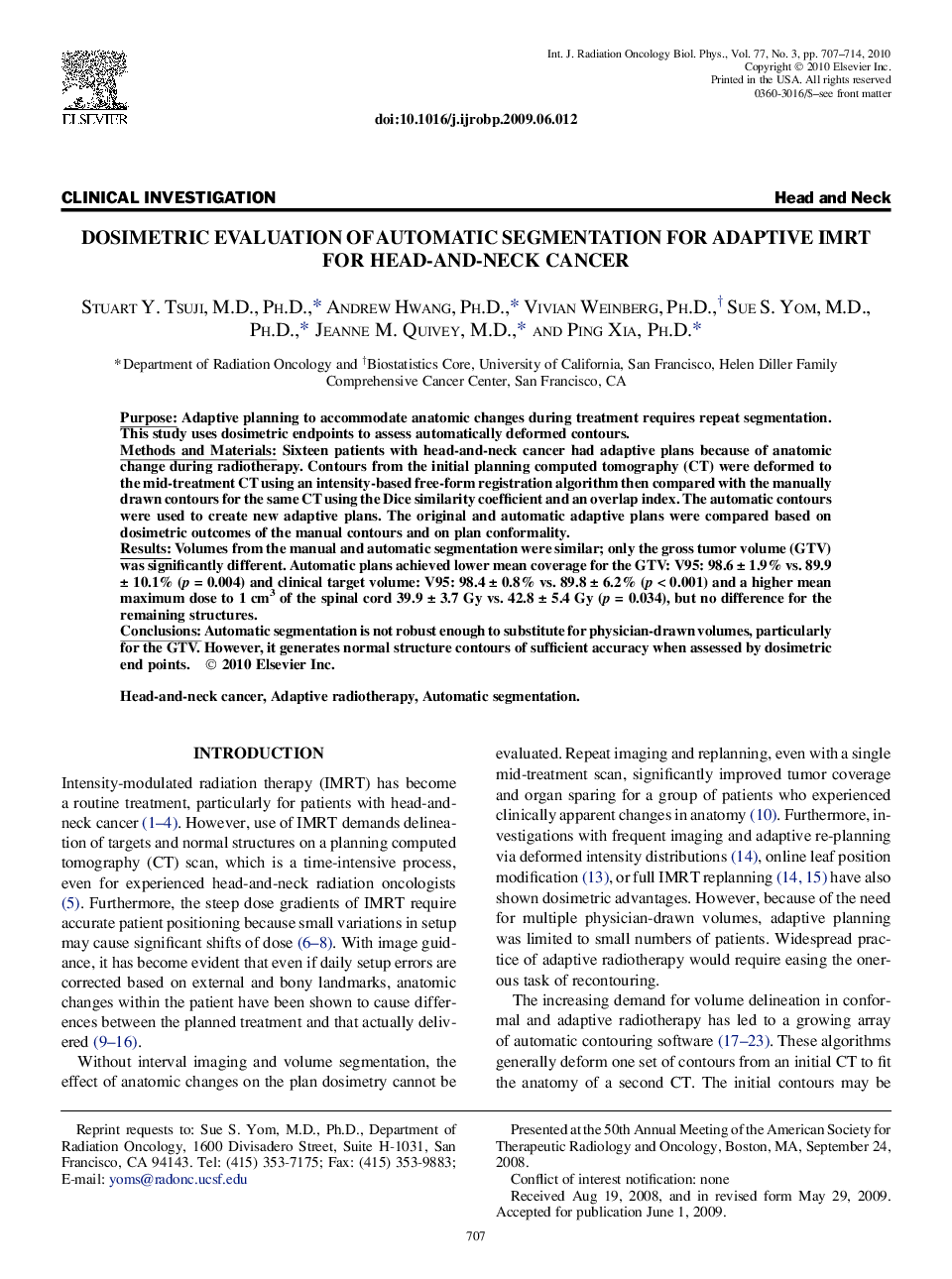 Dosimetric Evaluation of Automatic Segmentation for Adaptive IMRT for Head-and-Neck Cancer