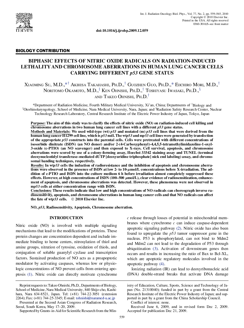 Biphasic Effects of Nitric Oxide Radicals on Radiation-Induced Lethality and Chromosome Aberrations in Human Lung Cancer Cells Carrying Different p53 Gene Status