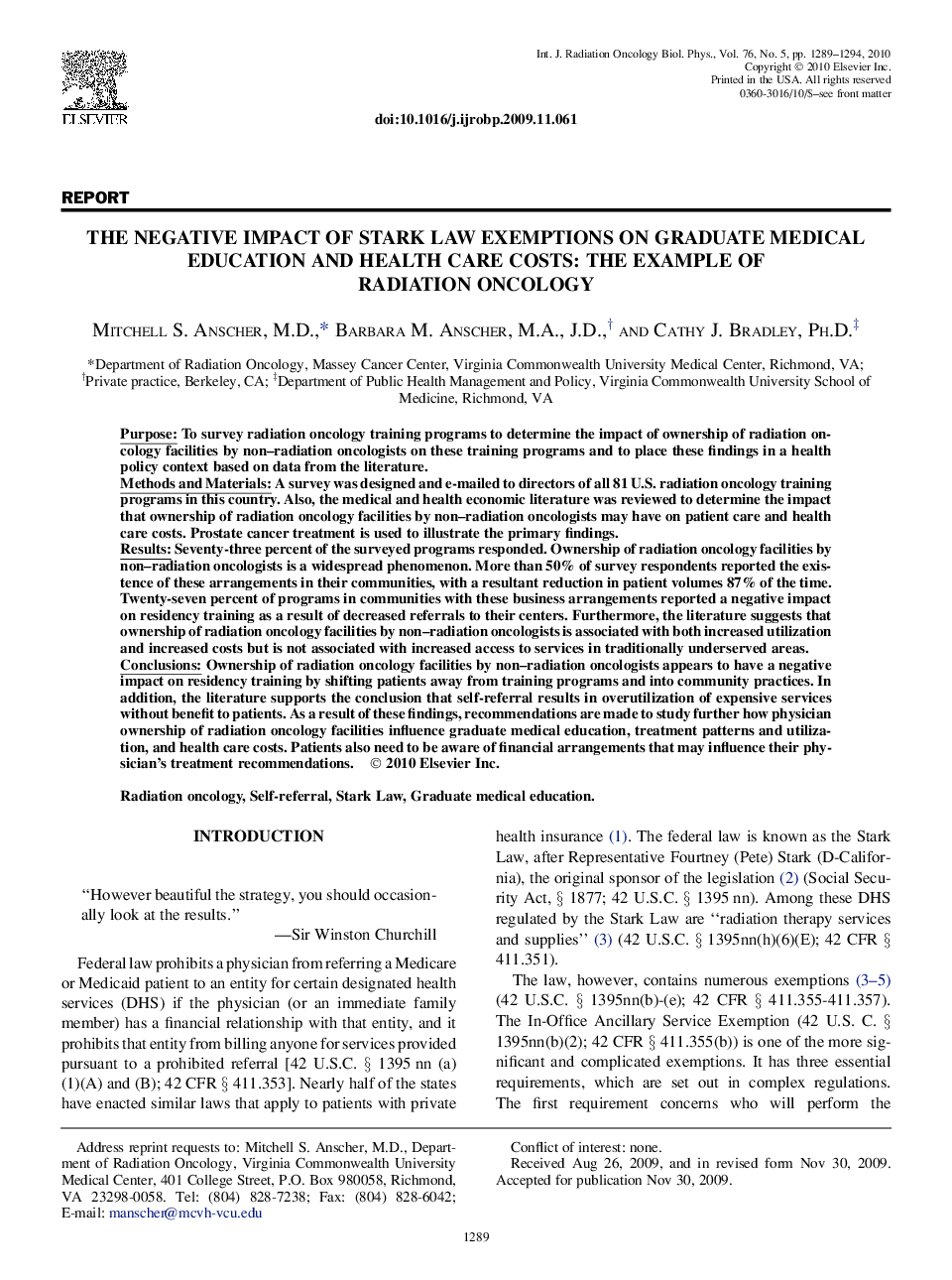 The Negative Impact of Stark Law Exemptions on Graduate Medical Education and Health Care Costs: The Example of Radiation Oncology