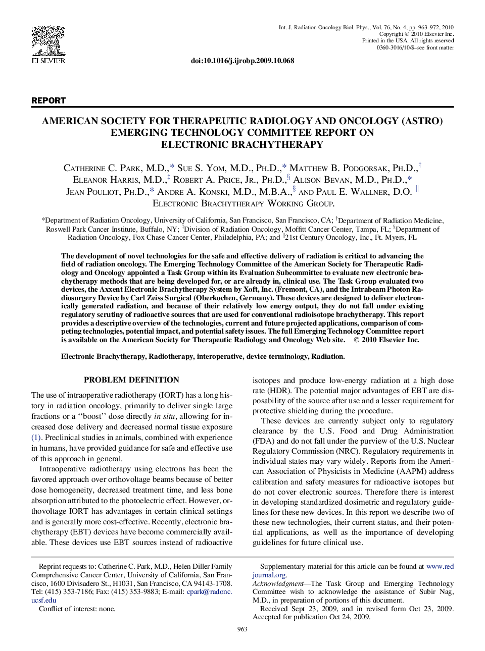 American Society for Therapeutic Radiology and Oncology (ASTRO) Emerging Technology Committee Report on Electronic Brachytherapy