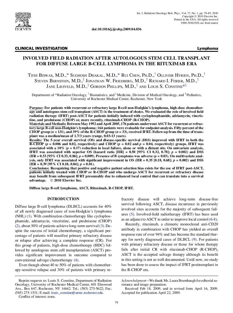 Involved Field Radiation After Autologous Stem Cell Transplant for Diffuse Large B-Cell Lymphoma in the Rituximab Era