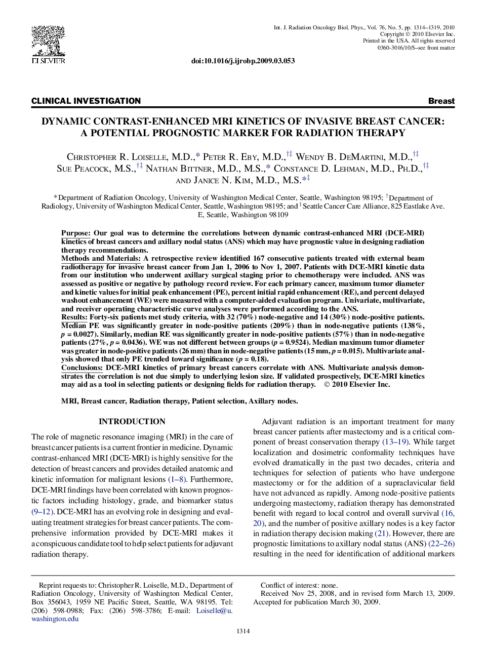 Dynamic Contrast-Enhanced MRI Kinetics of Invasive Breast Cancer: A Potential Prognostic Marker for Radiation Therapy