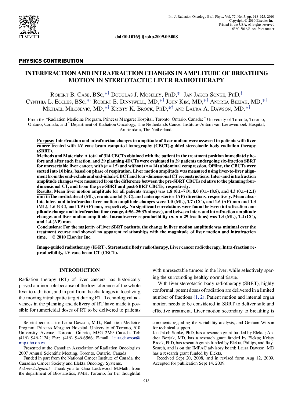 Interfraction and Intrafraction Changes in Amplitude of Breathing Motion in Stereotactic Liver Radiotherapy