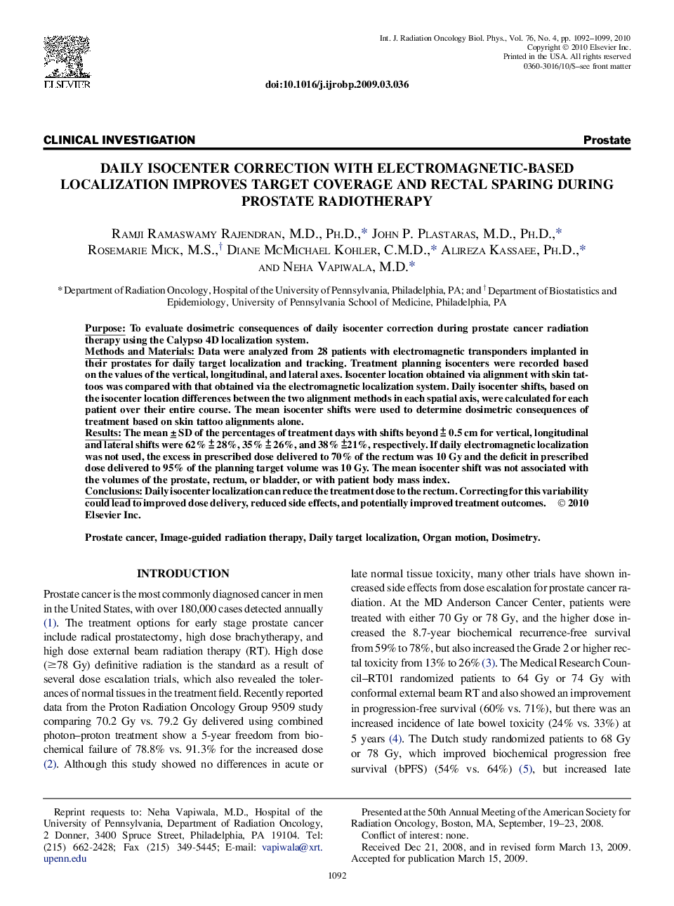 Daily Isocenter Correction With Electromagnetic-Based Localization Improves Target Coverage and Rectal Sparing During Prostate Radiotherapy