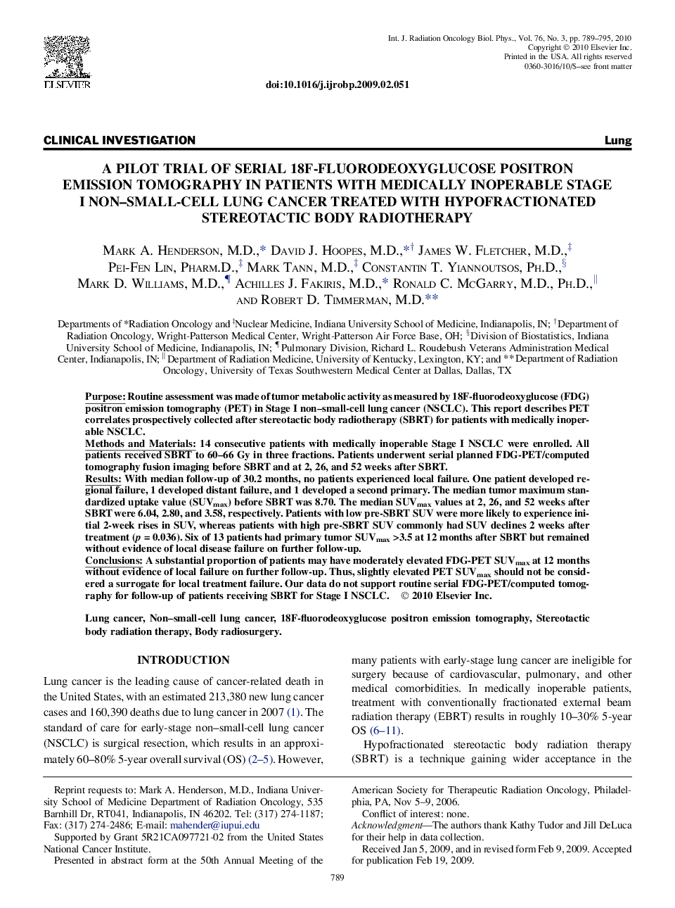 A Pilot Trial of Serial 18F-Fluorodeoxyglucose Positron Emission Tomography in Patients With Medically Inoperable Stage I Non-Small-Cell Lung Cancer Treated With Hypofractionated Stereotactic Body Radiotherapy