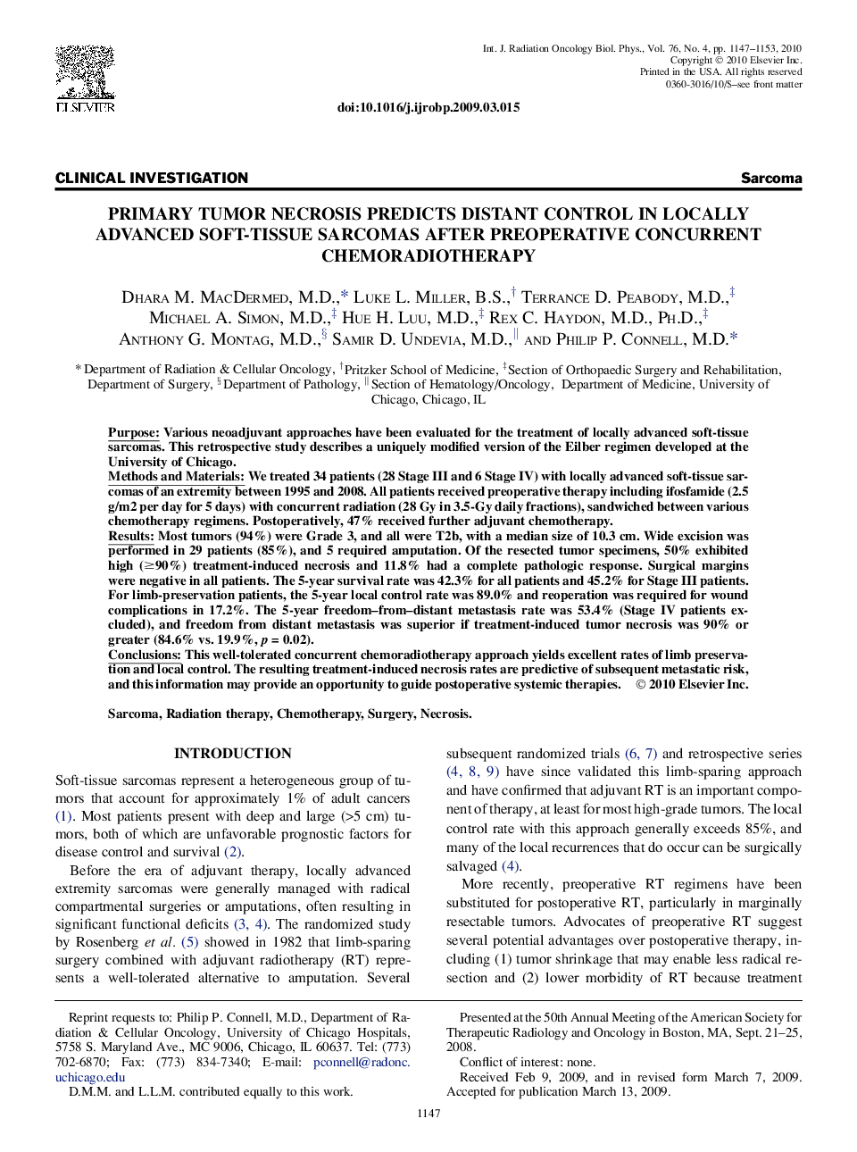 Primary Tumor Necrosis Predicts Distant Control in Locally Advanced Soft-Tissue Sarcomas After Preoperative Concurrent Chemoradiotherapy