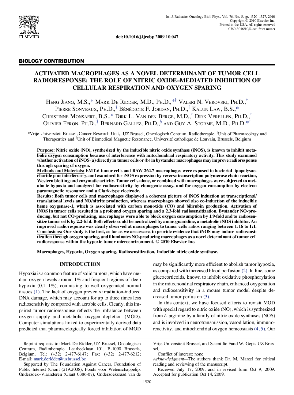 Activated Macrophages as a Novel Determinant of Tumor Cell Radioresponse: The Role of Nitric Oxide-Mediated Inhibition of Cellular Respiration and Oxygen Sparing