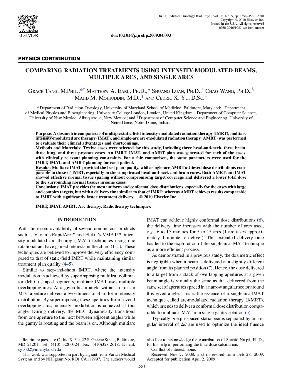 Comparing Radiation Treatments Using Intensity-Modulated Beams, Multiple Arcs, and Single Arcs