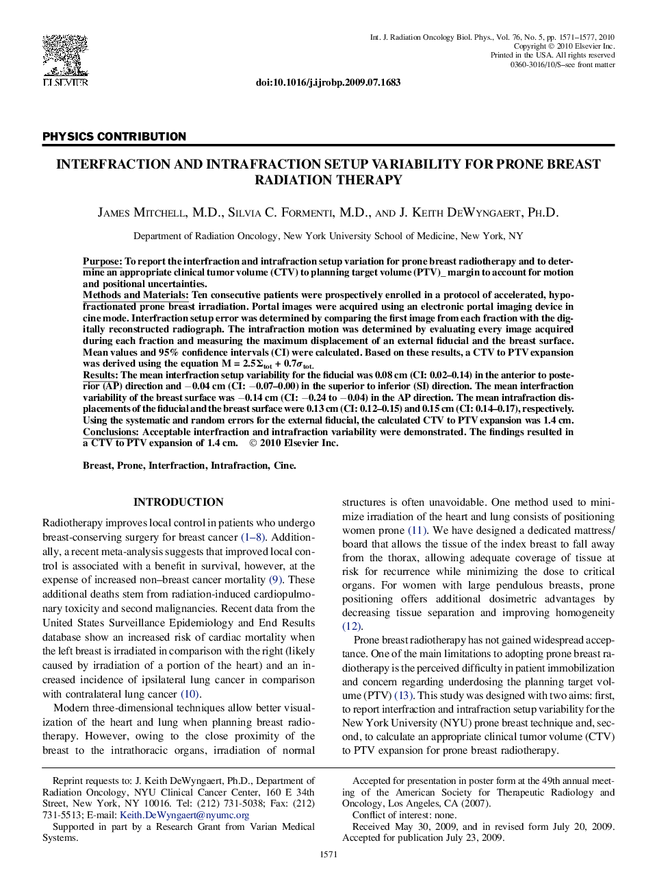 Interfraction and Intrafraction Setup Variability for Prone Breast Radiation Therapy