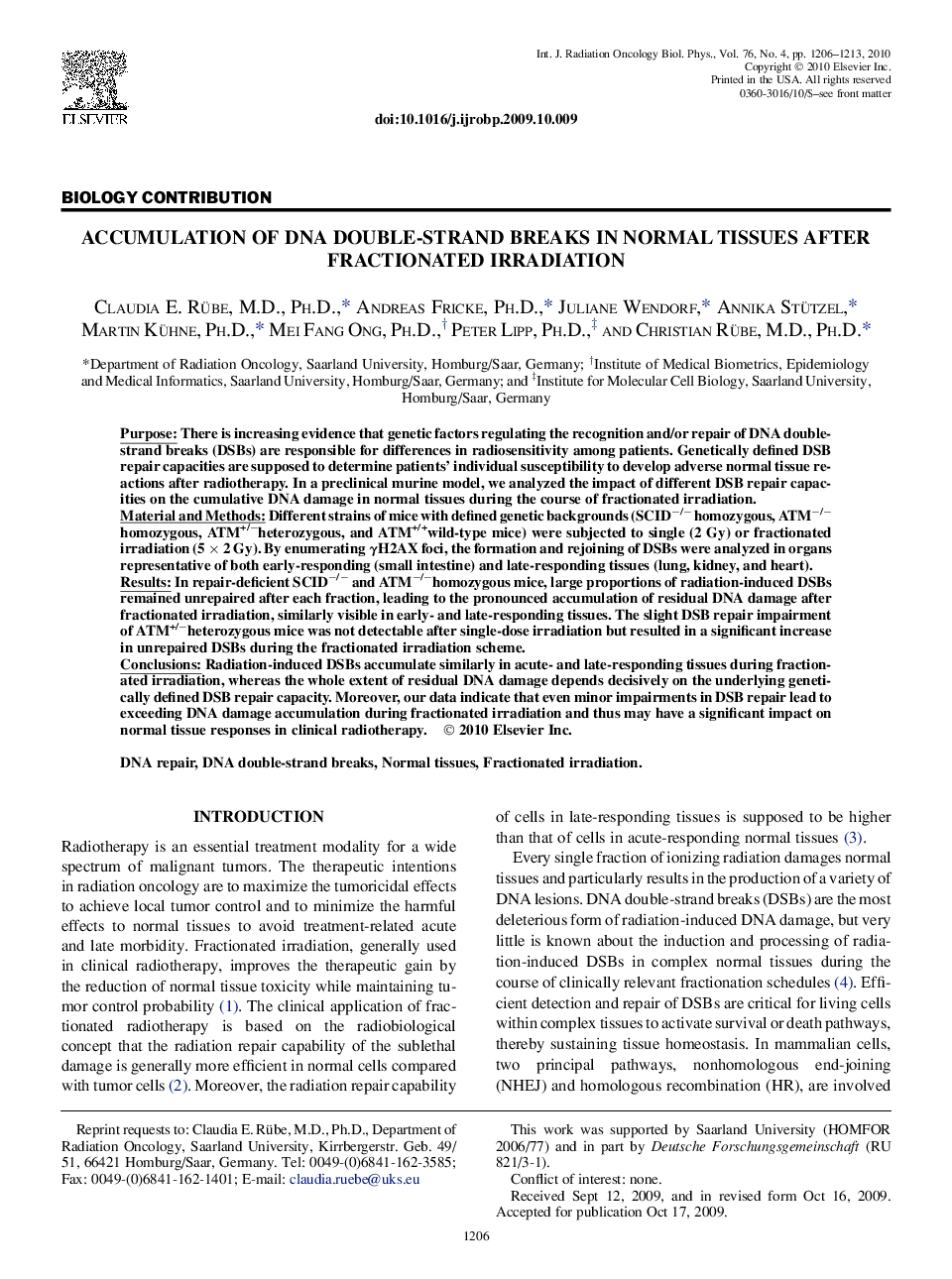 Accumulation of DNA Double-Strand Breaks in Normal Tissues After Fractionated Irradiation