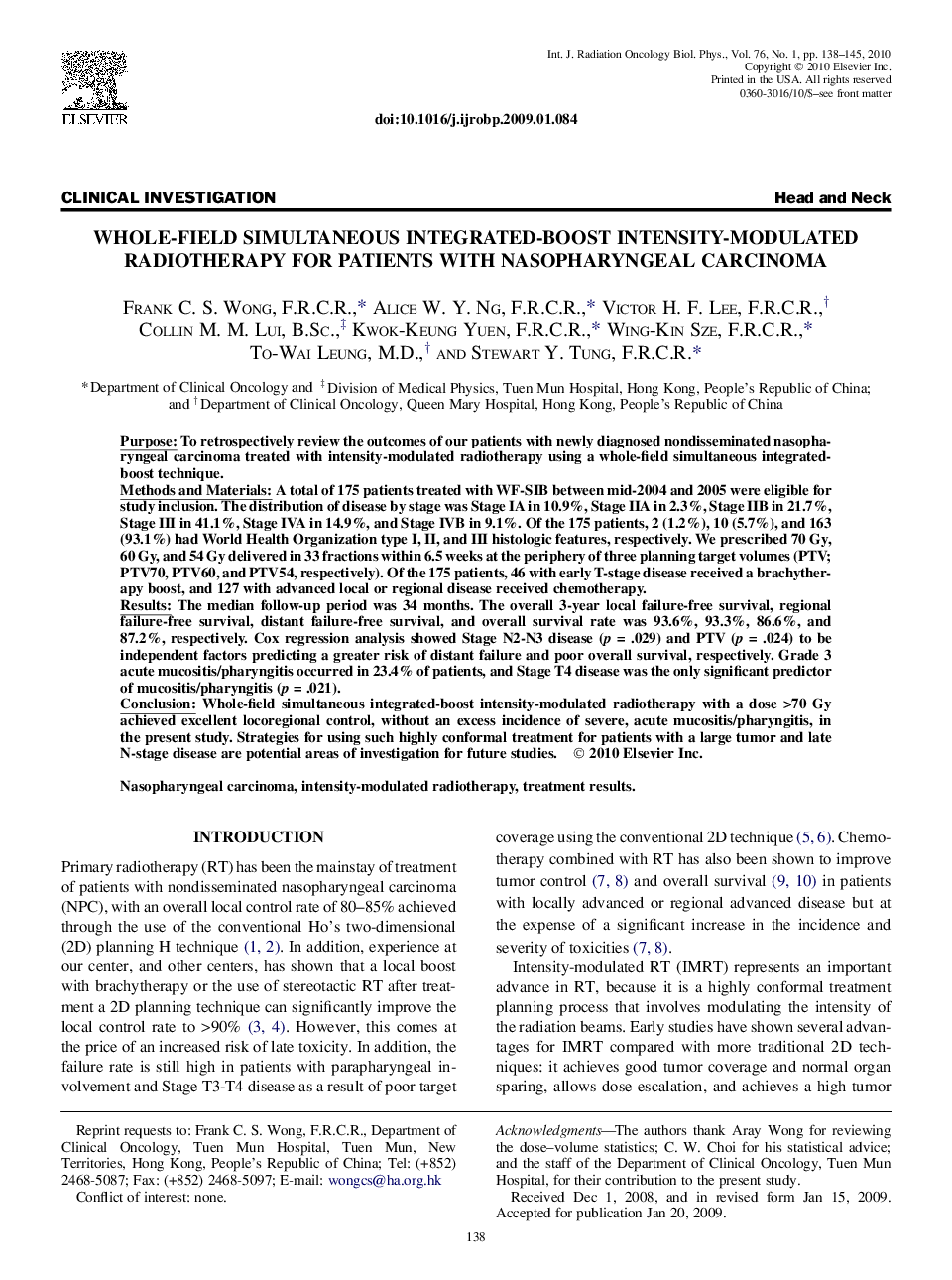 Whole-Field Simultaneous Integrated-Boost Intensity-Modulated Radiotherapy for Patients With Nasopharyngeal Carcinoma