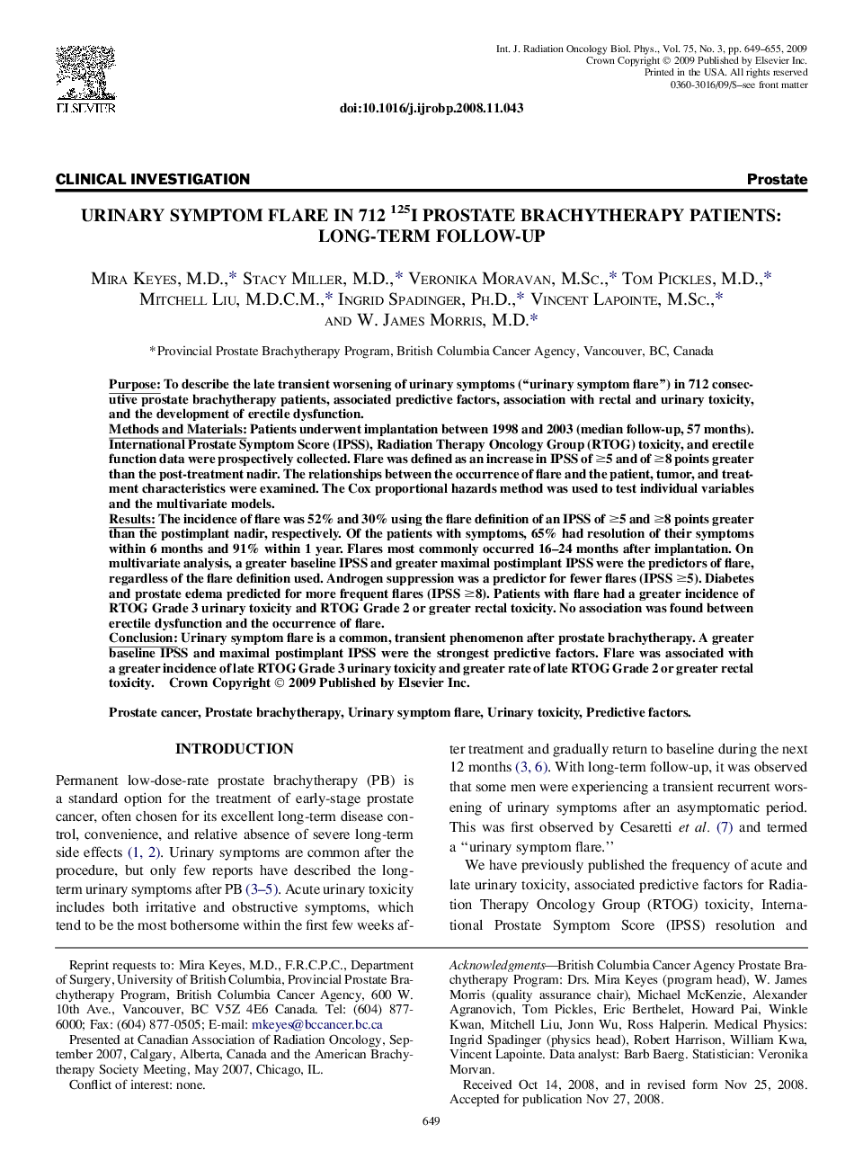 Urinary Symptom Flare in 712 125I Prostate Brachytherapy Patients: Long-Term Follow-Up