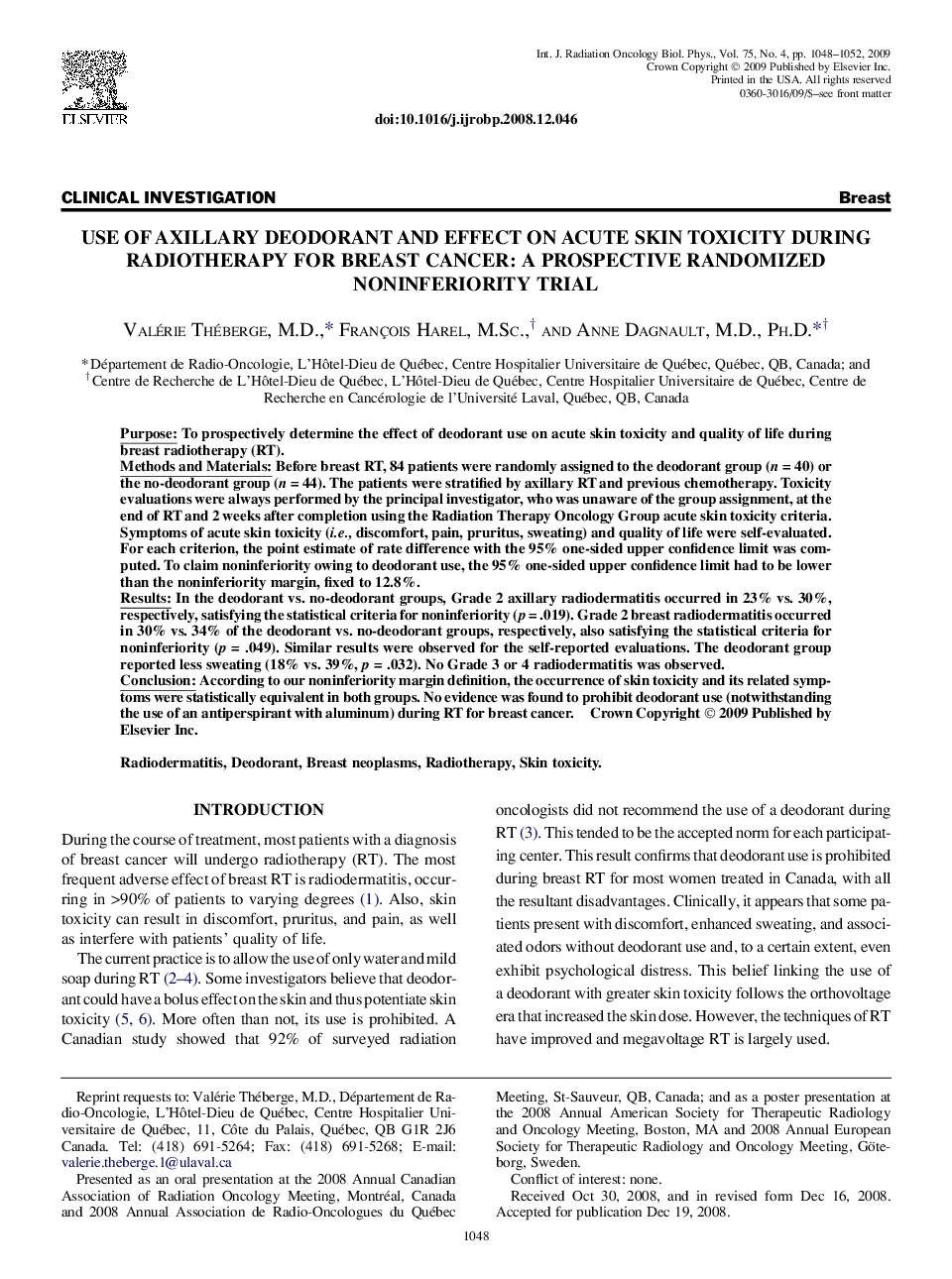 Use of Axillary Deodorant and Effect on Acute Skin Toxicity During Radiotherapy for Breast Cancer: A Prospective Randomized Noninferiority Trial