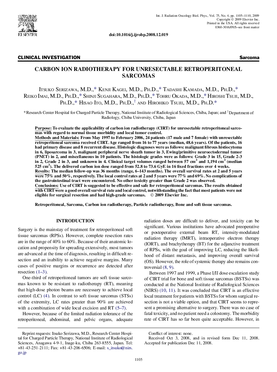 Carbon Ion Radiotherapy for Unresectable Retroperitoneal Sarcomas