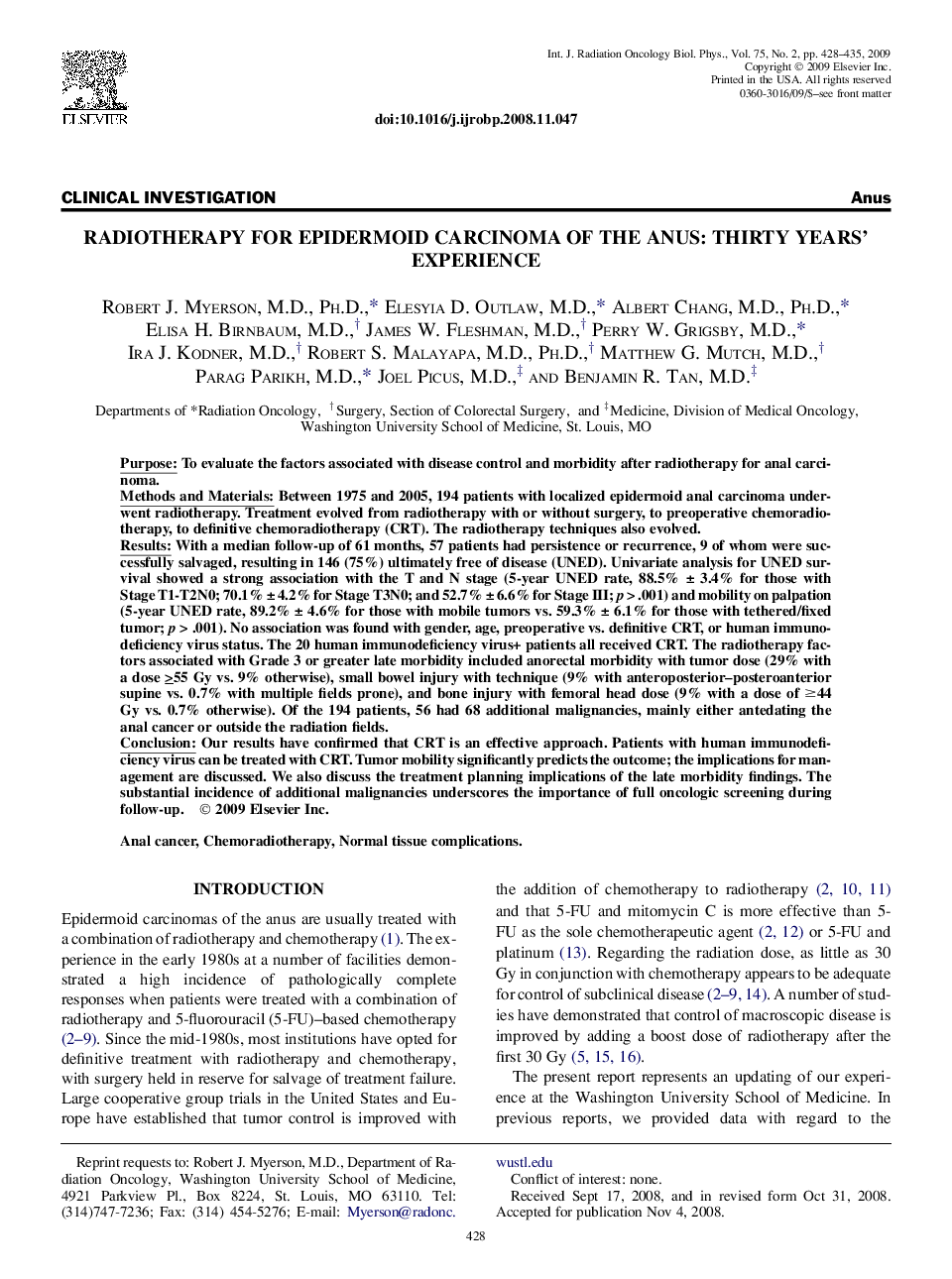 Radiotherapy for Epidermoid Carcinoma of the Anus: Thirty Years' Experience