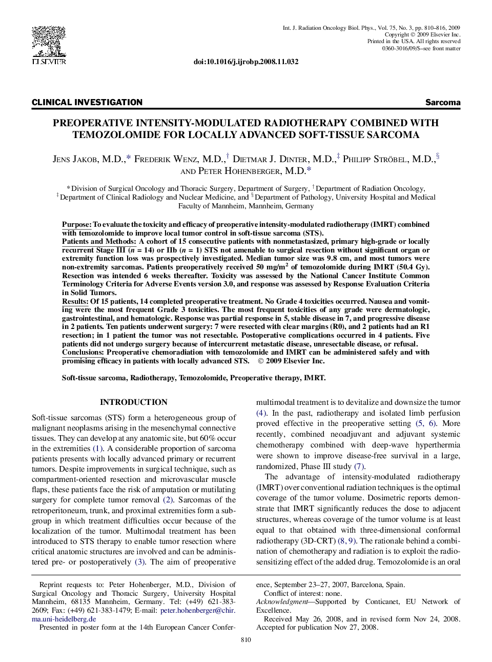 Preoperative Intensity-Modulated Radiotherapy Combined with Temozolomide for Locally Advanced Soft-Tissue Sarcoma